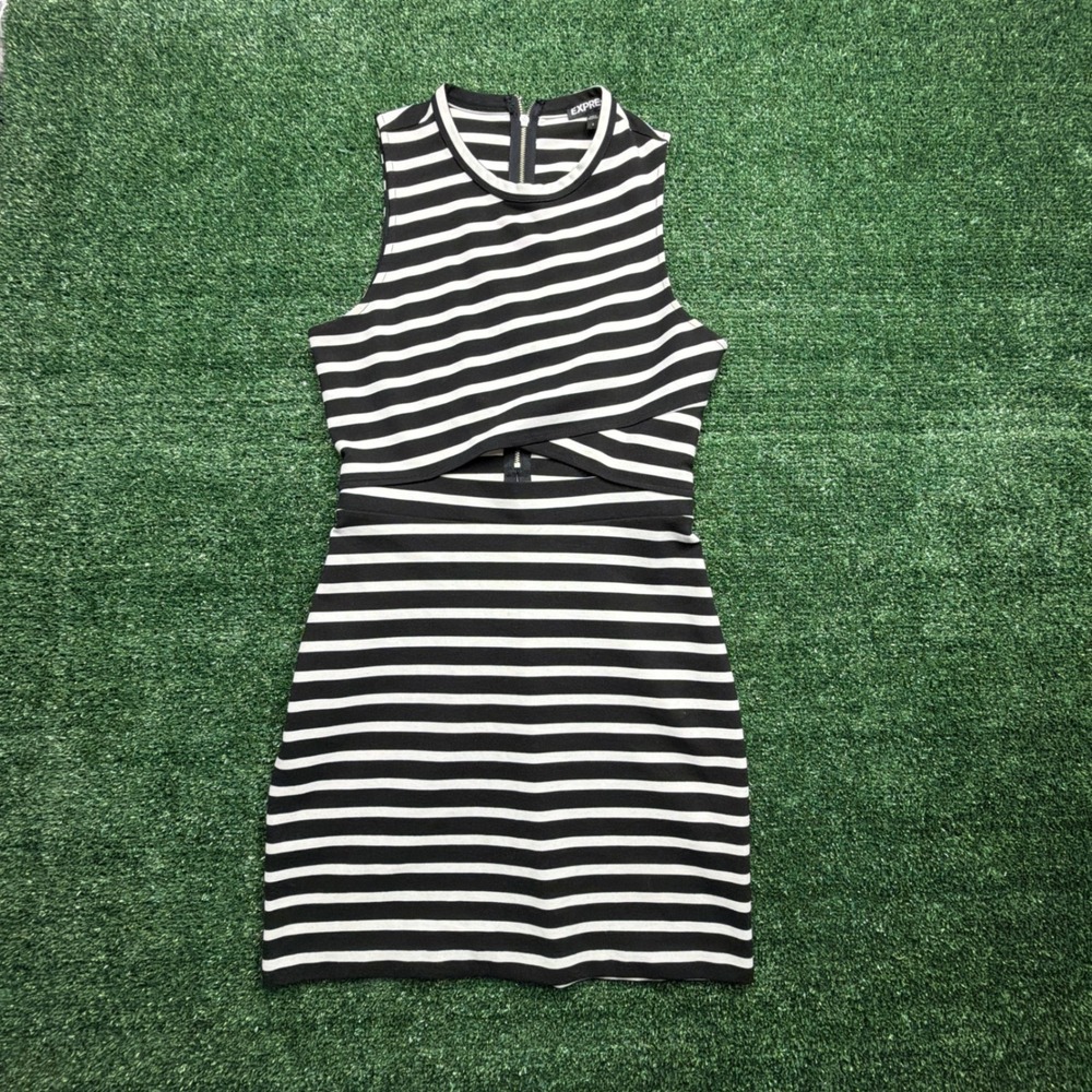 Express Black White Striped Cutout Mini Bodycon Dress Sleeveless Size 6
